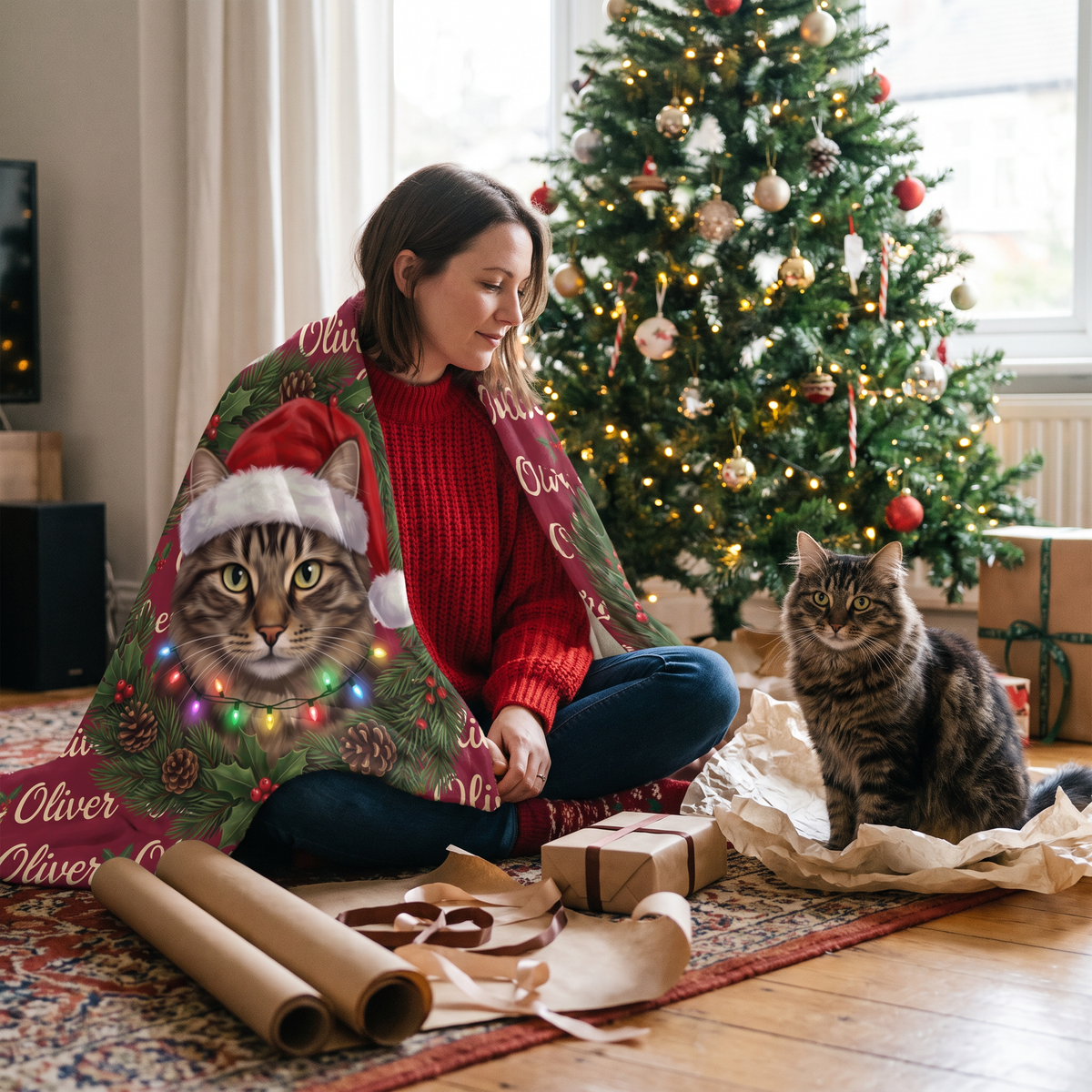 Woman wrapping presents on Christmas Eve wrapped in a Christmas wreath cat portrait blanket