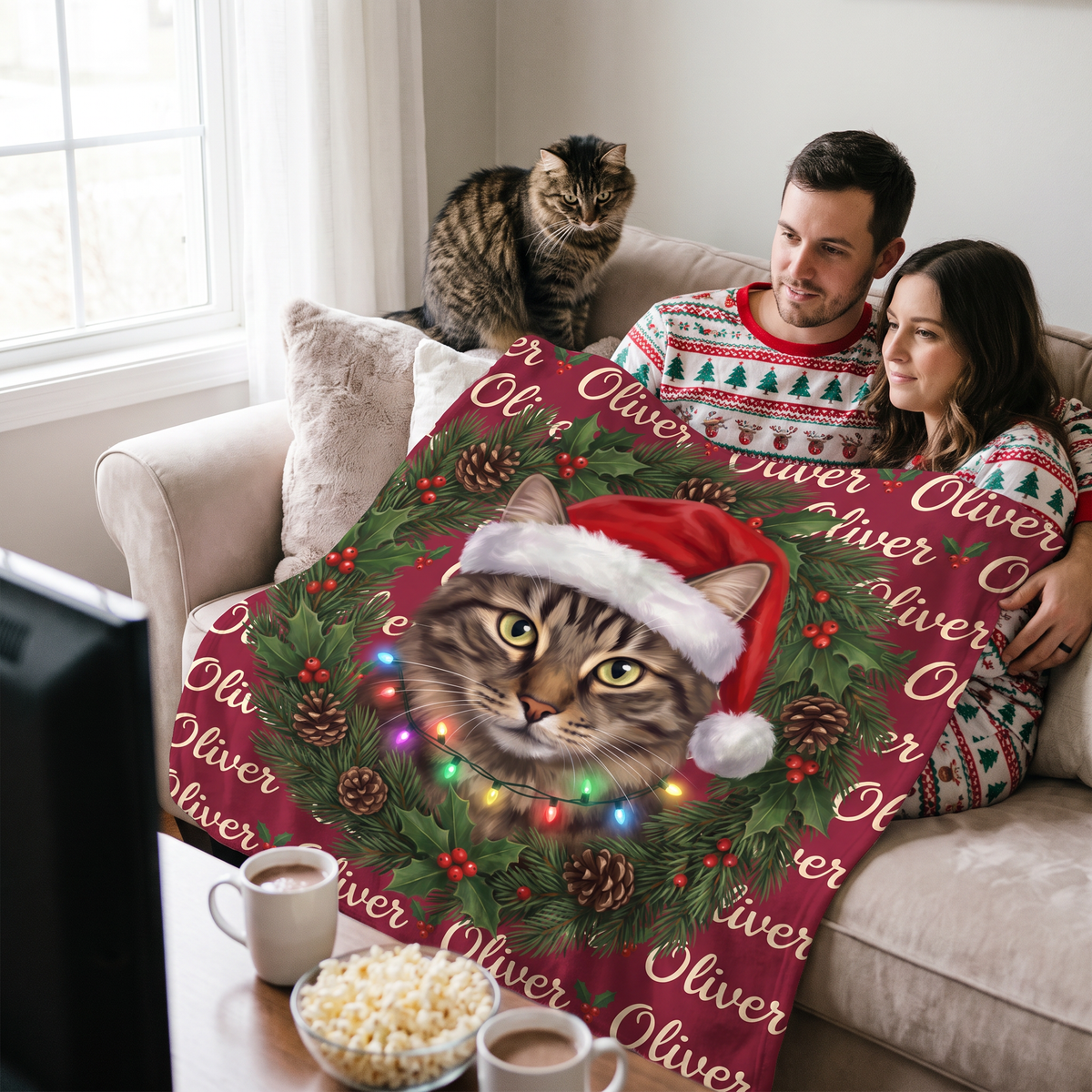Couple in Christmas pyjamas under a personalised Christmas wreath cat blanket