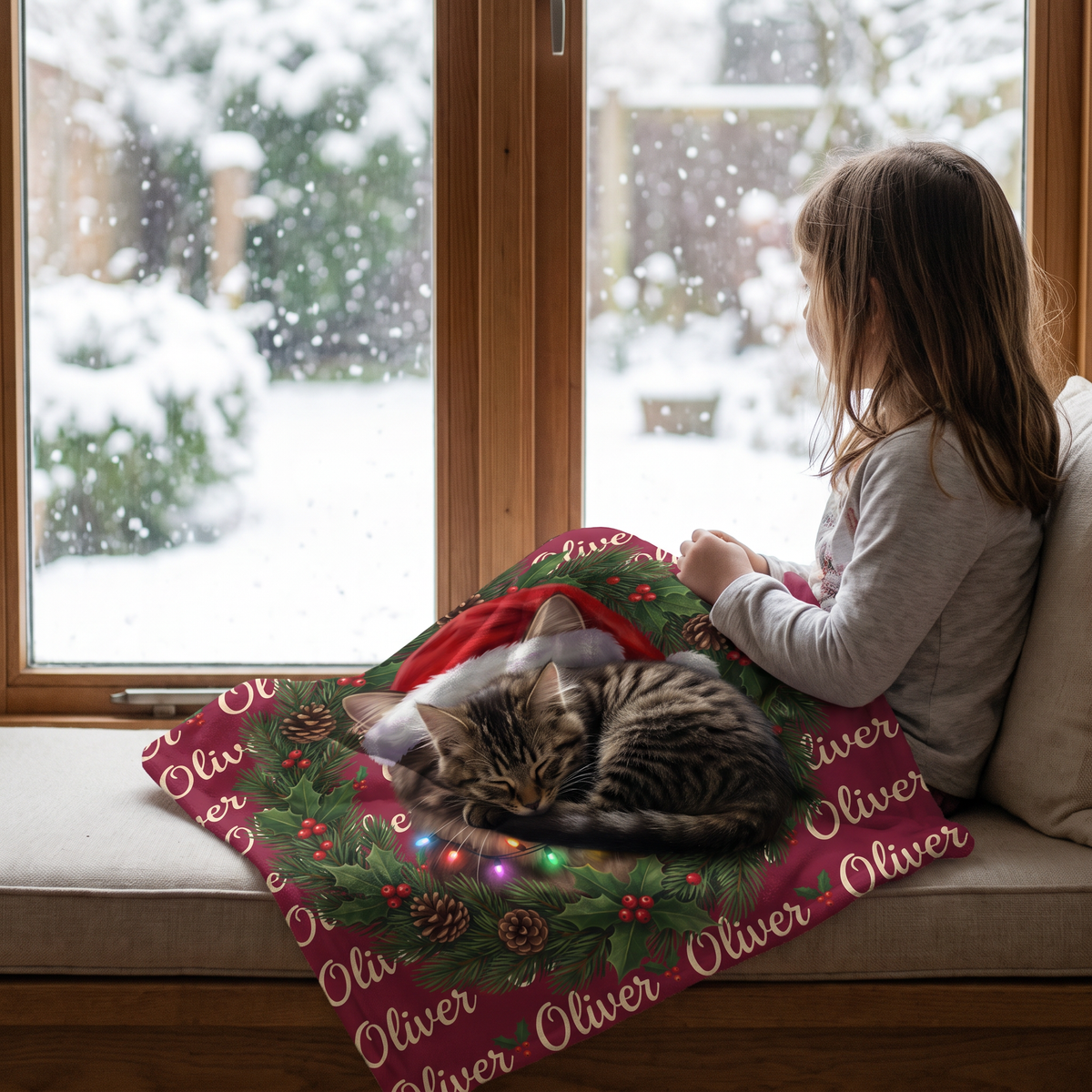 Girl with her kitten on a lap size Christmas wreath blanket by a snowy window