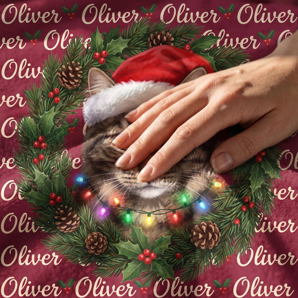 Close up of a hand on the ultra soft plush fleece showing the Christmas wreath print