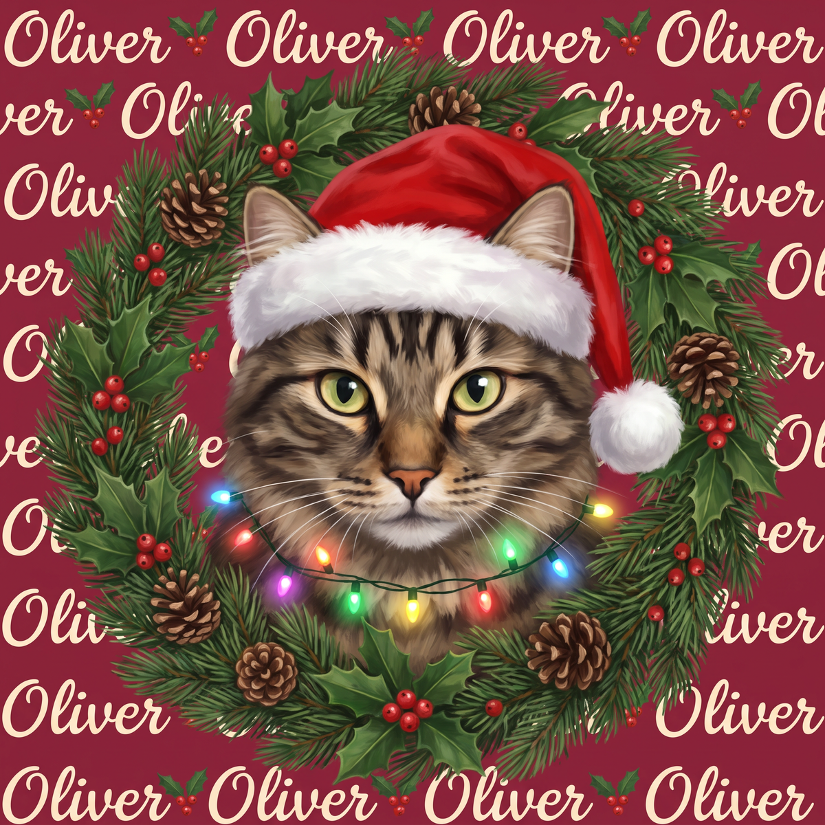 Christmas wreath pet portrait artwork of a tabby cat with a repeating name pattern