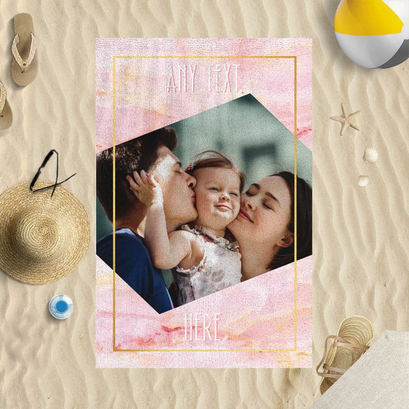 One Photo Pink Marble Gold Personalised Beach Towel