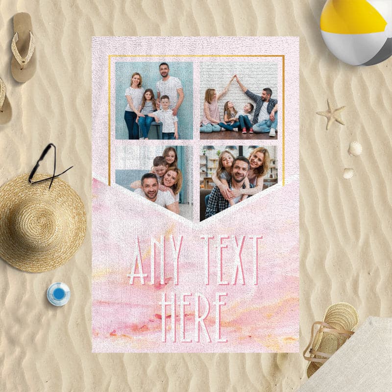 Four Photo Pink Marble Gold Personalised Photo Beach Towel