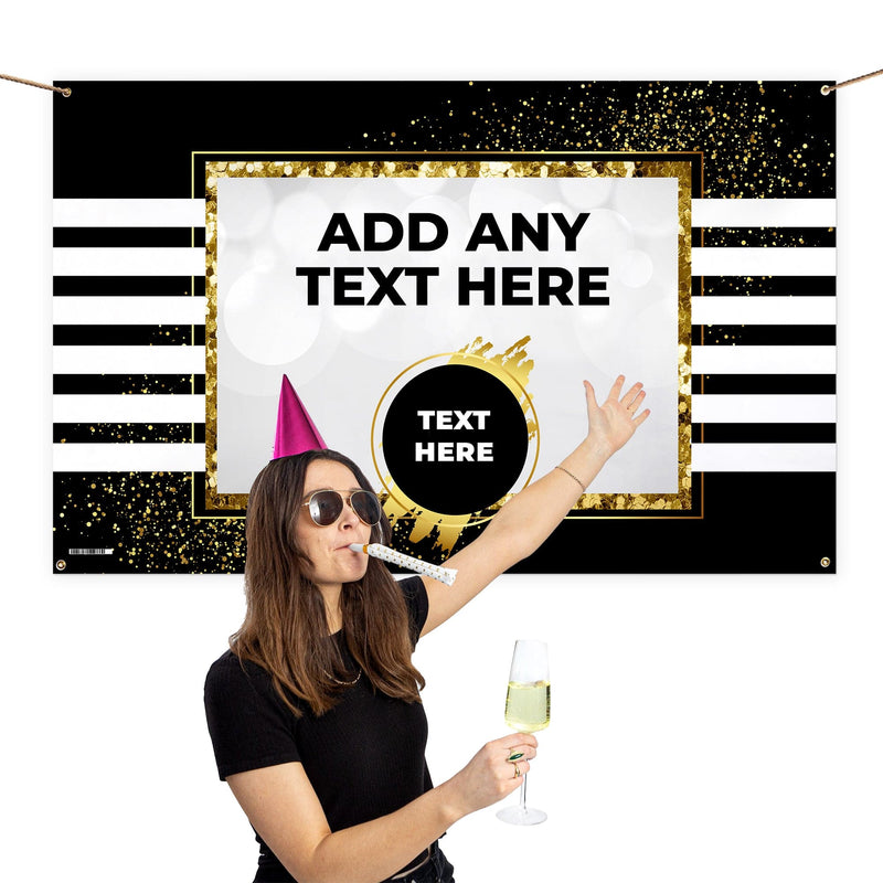 Personalised Text - White Stripes - Gold Printed Glitter Banner - 5ft x 3ft