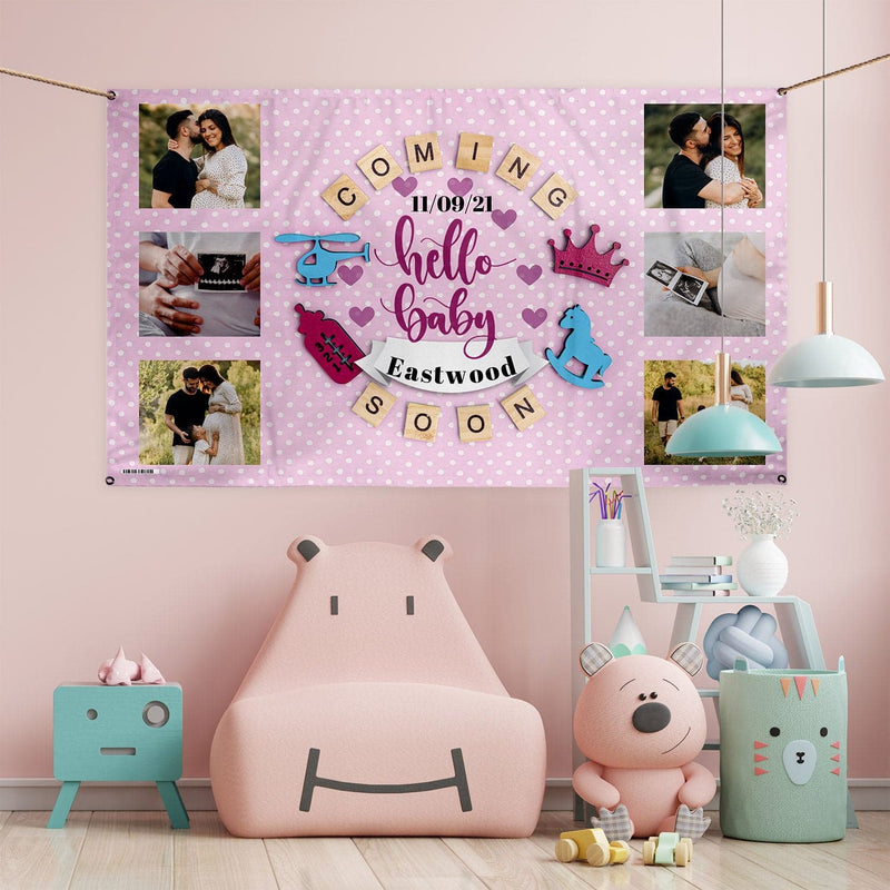 Pink Coming Soon - Baby Photo Banner - Edit Text - 5FT X 3FT