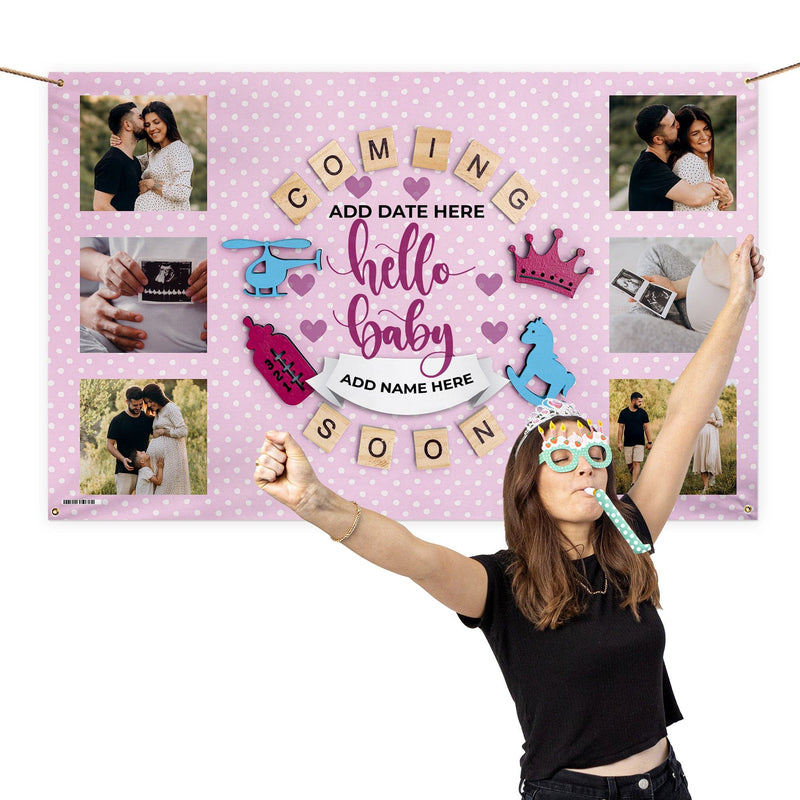 Pink Coming Soon - Baby Photo Banner - Edit Text - 5FT X 3FT