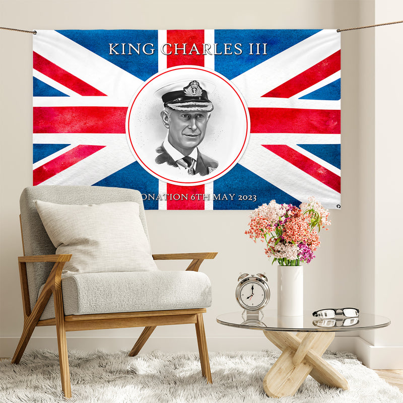King Charles Coronation - Union Jack - B&W Portrait - 5ft x 3ft Fabric Banner