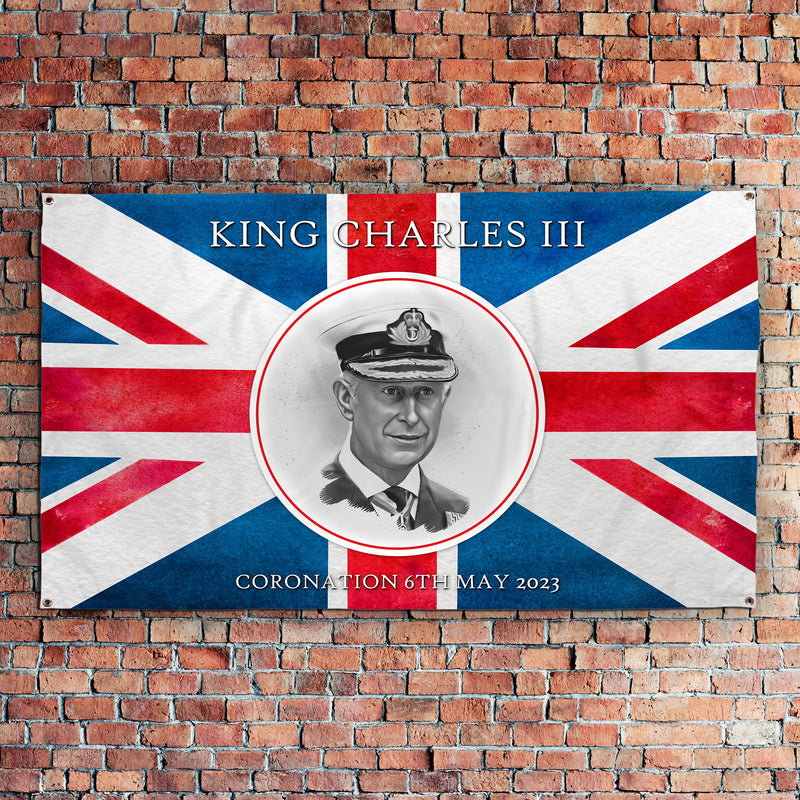 King Charles Coronation - Union Jack - B&W Portrait - 5ft x 3ft Fabric Banner