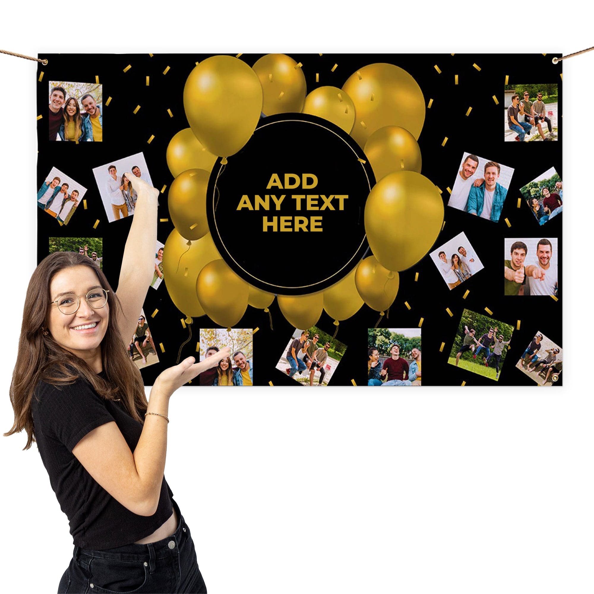 Personalised Any Text - Gold Balloon's Birthday Banner - 5ft x 3ft