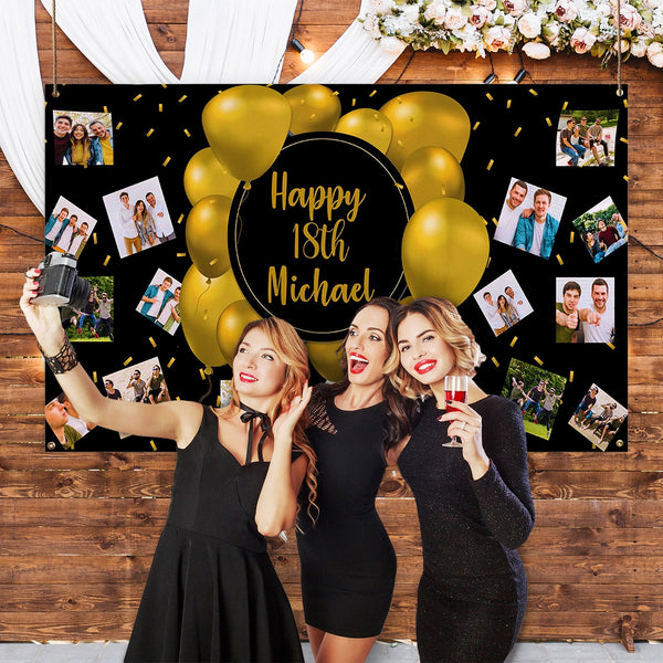 Personalised Any Text - Gold Balloon's Birthday Banner - 5ft x 3ft