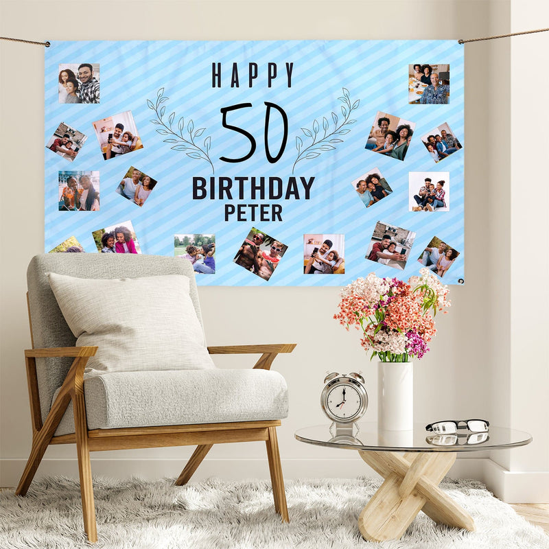 Blue Stripe Birthday Banner - Add Age and Name - 5ft x 3ft