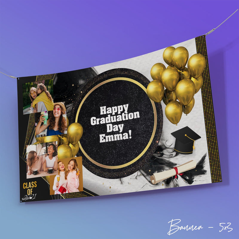 Graduation Photo Banner - Gold Balloons - Edit Text - 5FT X 3FT