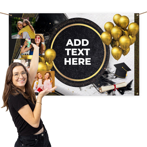 Graduation Photo Banner - Gold Balloons - Edit Text - 5FT X 3FT