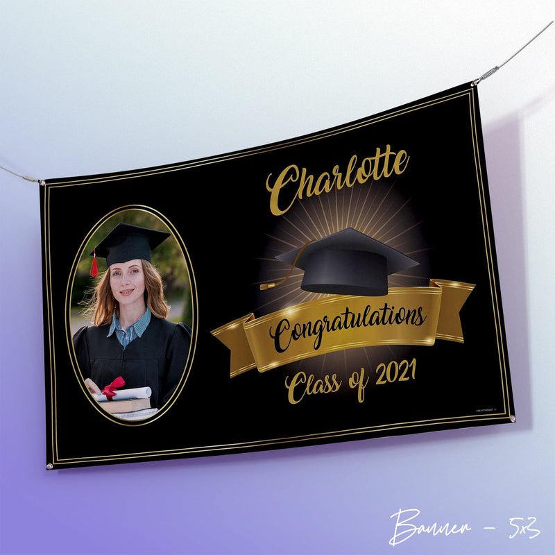 Black and Gold Graduation Banner - Add your name and class - 5ft x 3ft