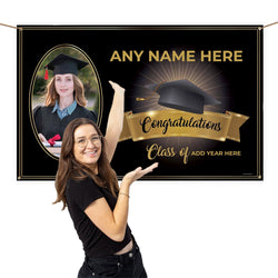 Black and Gold Graduation Banner - Add your name and class - 5ft x 3ft