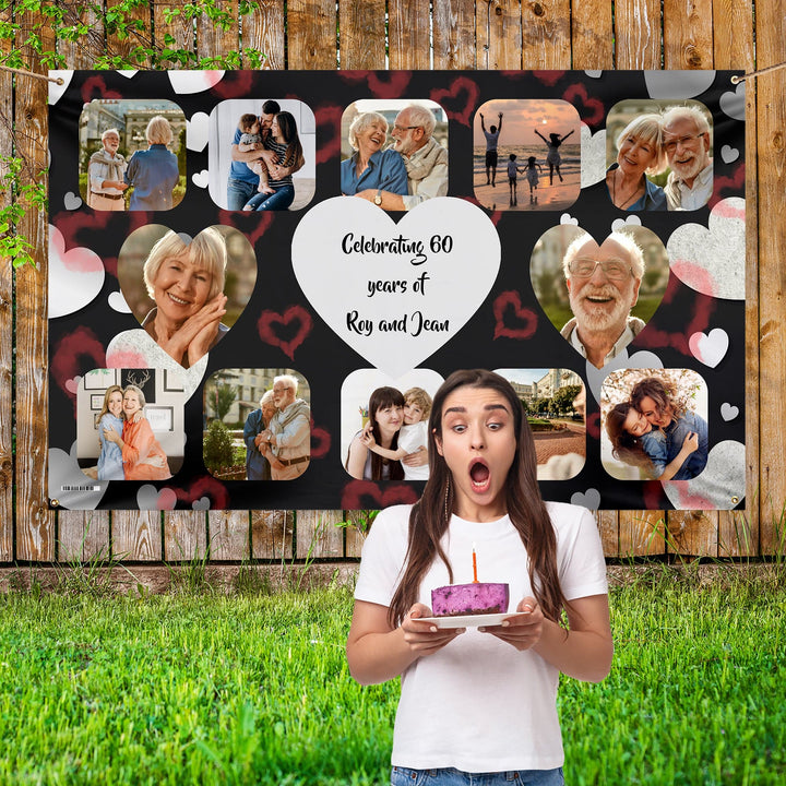 Any occasion photo banner - Heart scatter pattern - Edit text - 5FT X 3FT