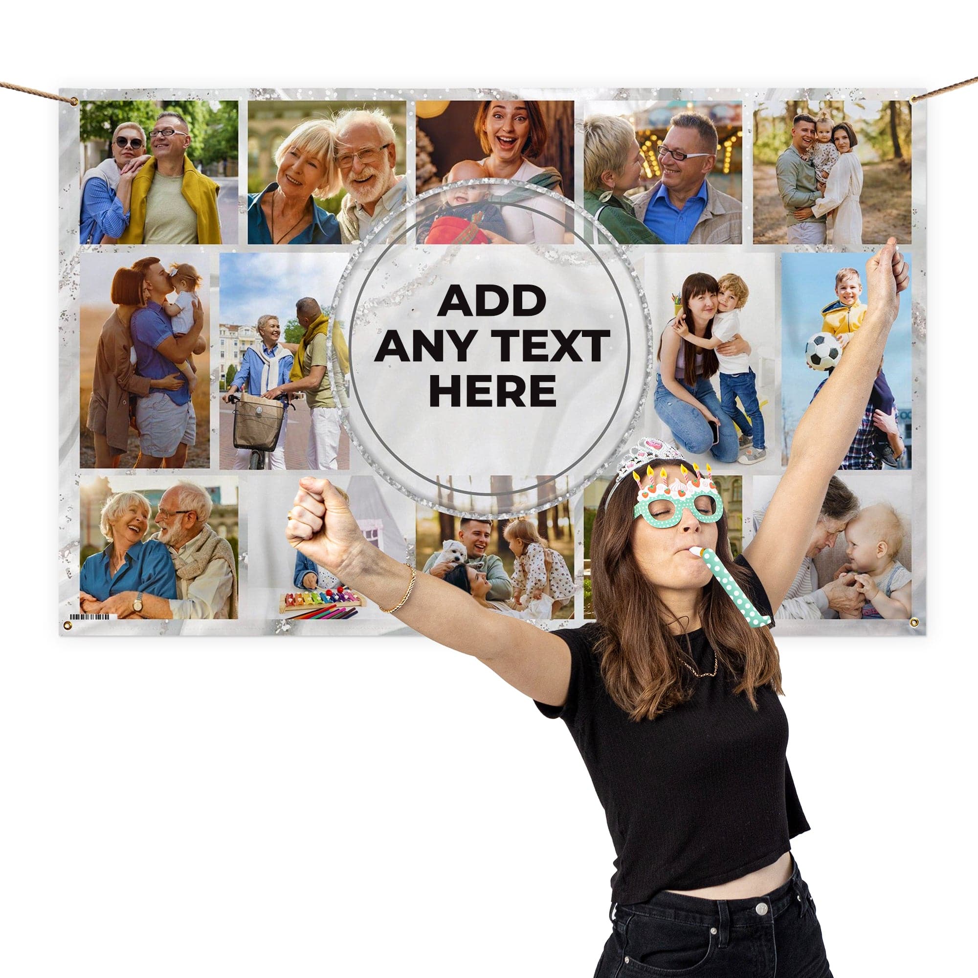 Any occasion photo banner - Silver Mirror Marble - Edit text - 5FT X 3FT