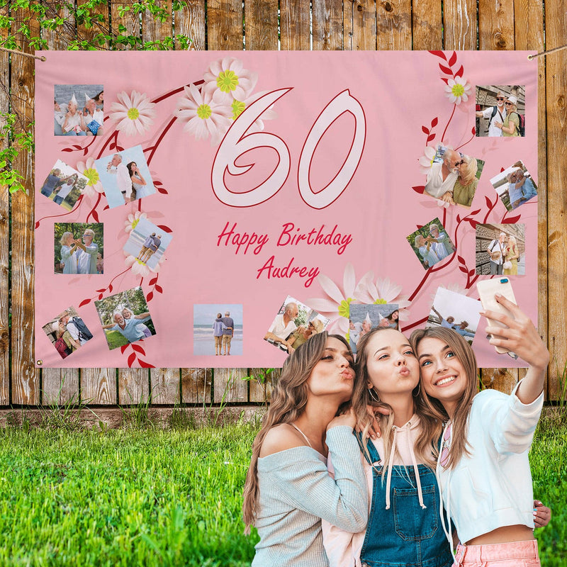 Pink Floral Birthday Banner - Any Text - 5ft x 3ft