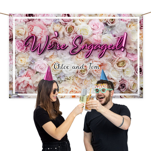 Personalised Text - Engaged Floral Banner - 5ft x 3ft