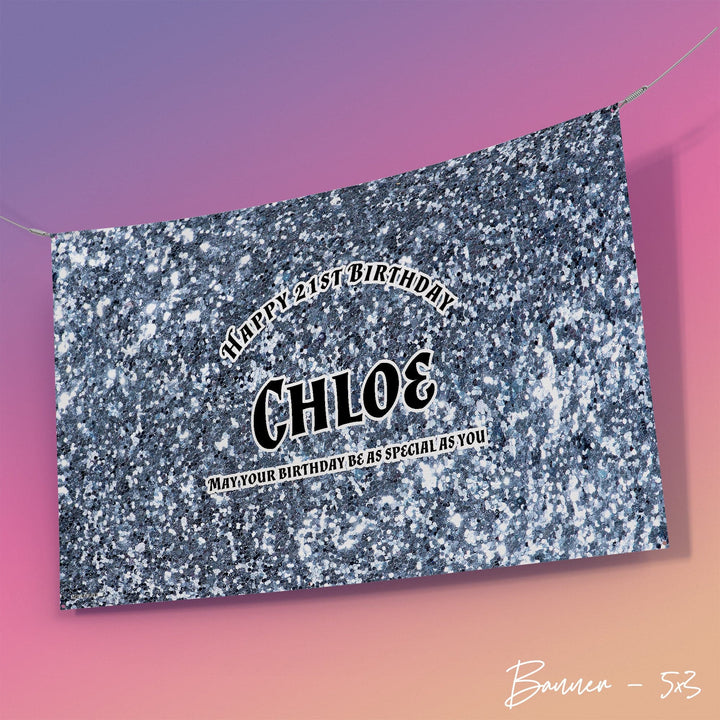 Personalised Text - Silver Printed Glitter Banner - 5ft x 3ft