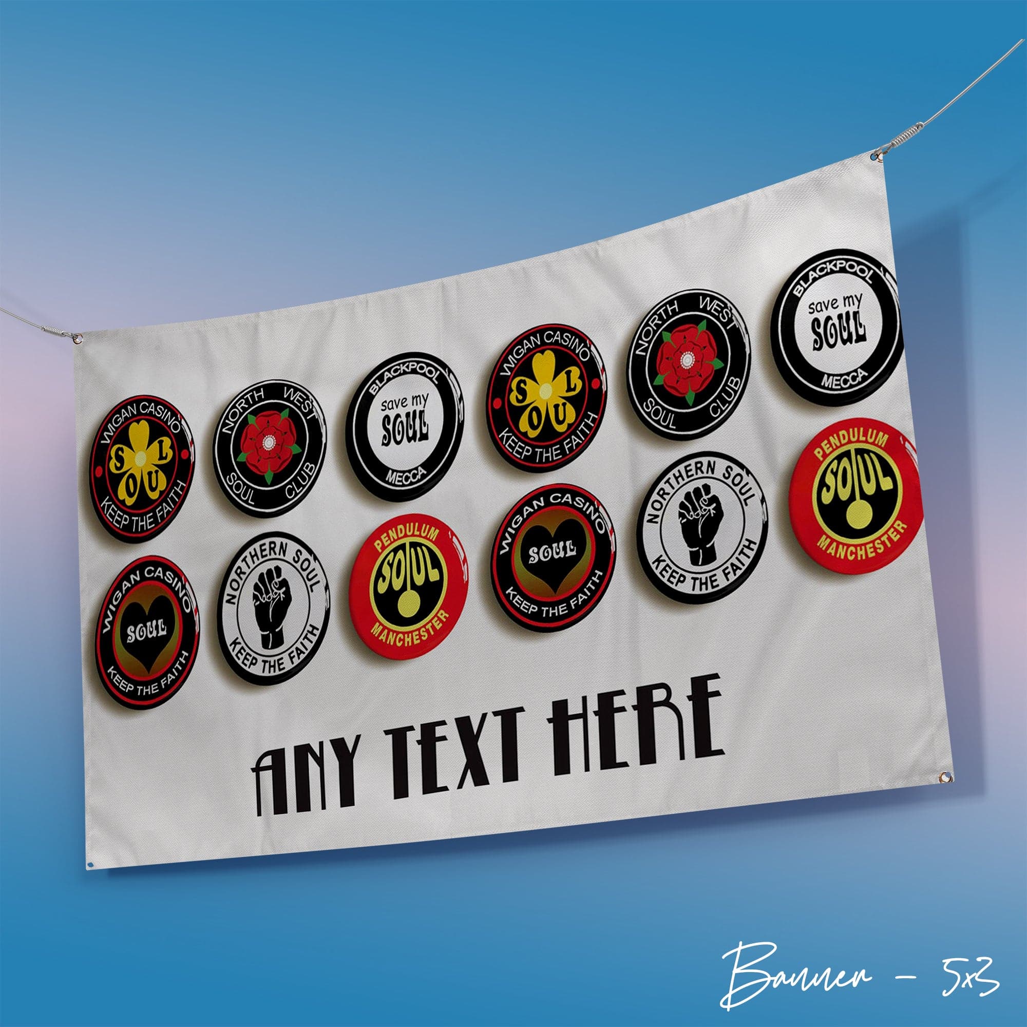 Northern Soul Badges Banner - Add Your Text - 5ft x 3ft