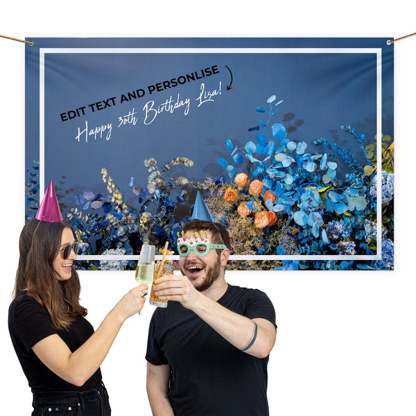 Personalised Text - Blue Flower Party Backdrop - 5ft x 3ft