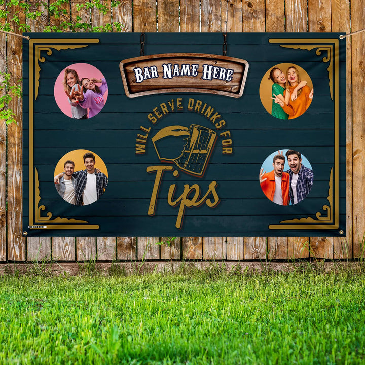 Bar Sign - Drinks For Tips | Any Text - Photo Banner - 5ft x 3ft
