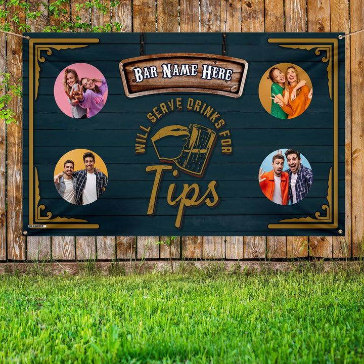 Bar Sign - Drinks For Tips | Any Text - Photo Banner - 5ft x 3ft