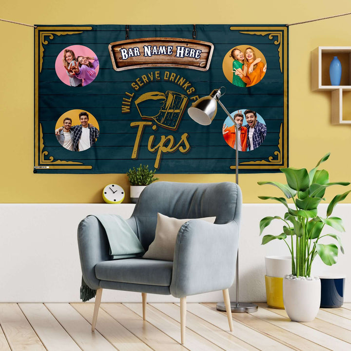 Bar Sign - Drinks For Tips | Any Text - Photo Banner - 5ft x 3ft