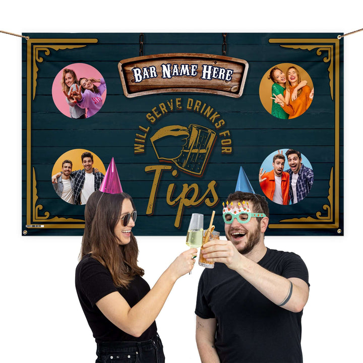 Bar Sign - Drinks For Tips | Any Text - Photo Banner - 5ft x 3ft