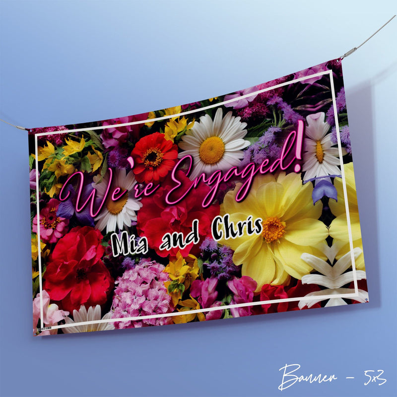 Personalised  Text - Engaged Bright Floral Party Backdrop - 5ft x 3ft