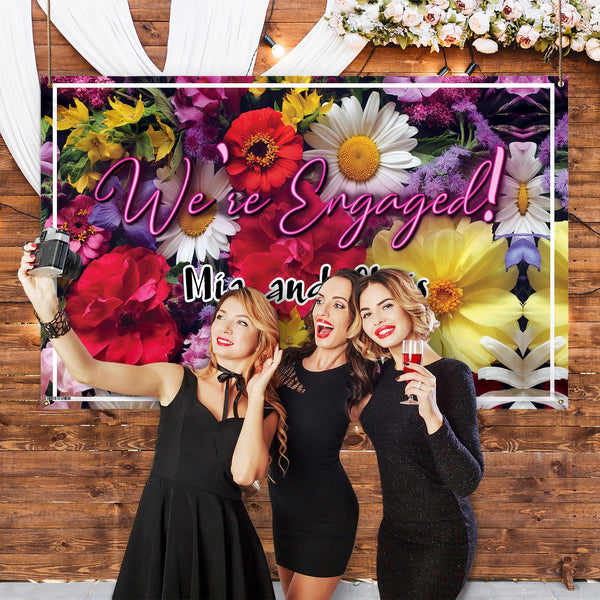 Personalised  Text - Engaged Bright Floral Party Backdrop - 5ft x 3ft
