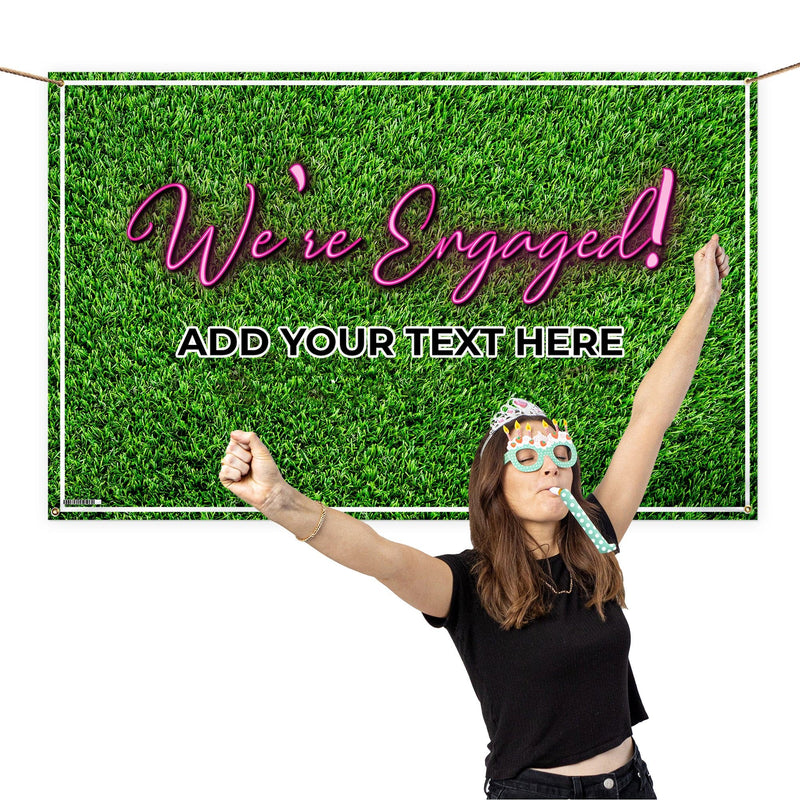 Personalised Text - Engaged Grass Party Backdrop - 5ft x 3ft
