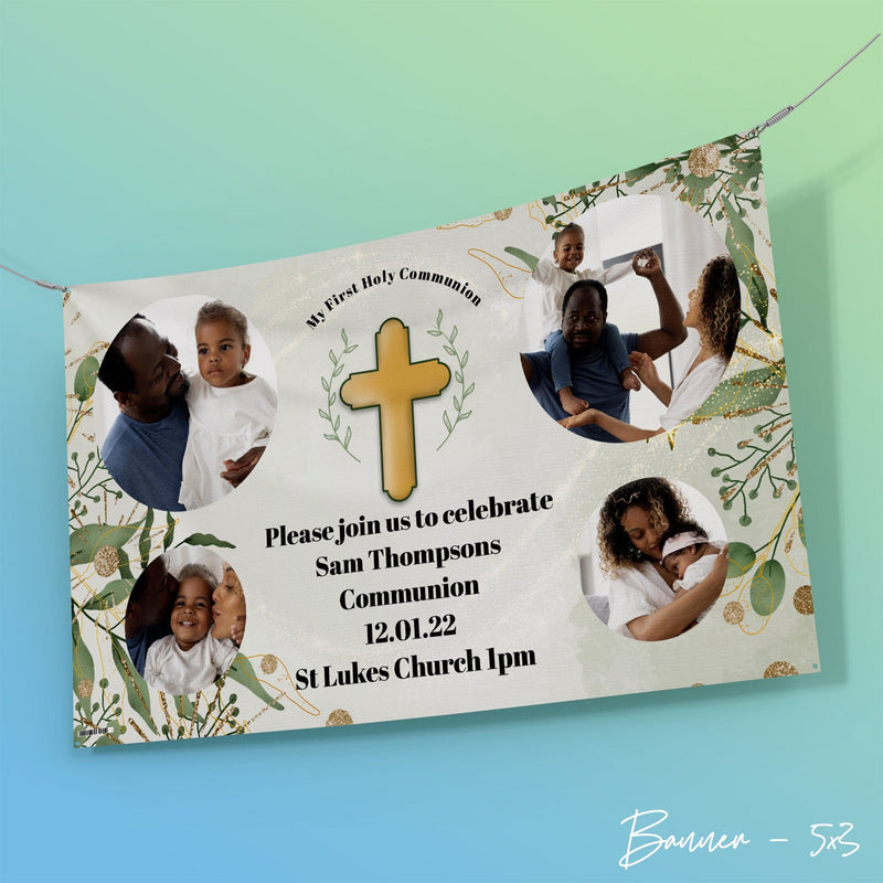 Green Floral Cross Photo Banner - Edit text - 5FT X 3FT