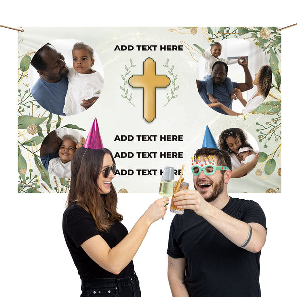 Green Floral Cross Photo Banner - Edit text - 5FT X 3FT