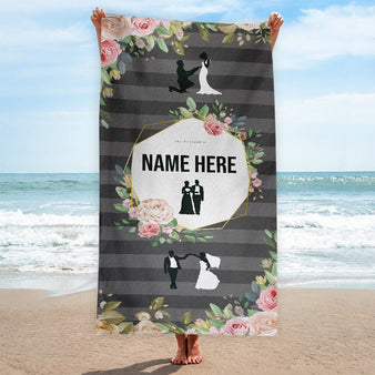 Personalised Beach Towel - Grey Stripe - Wedding Couple
