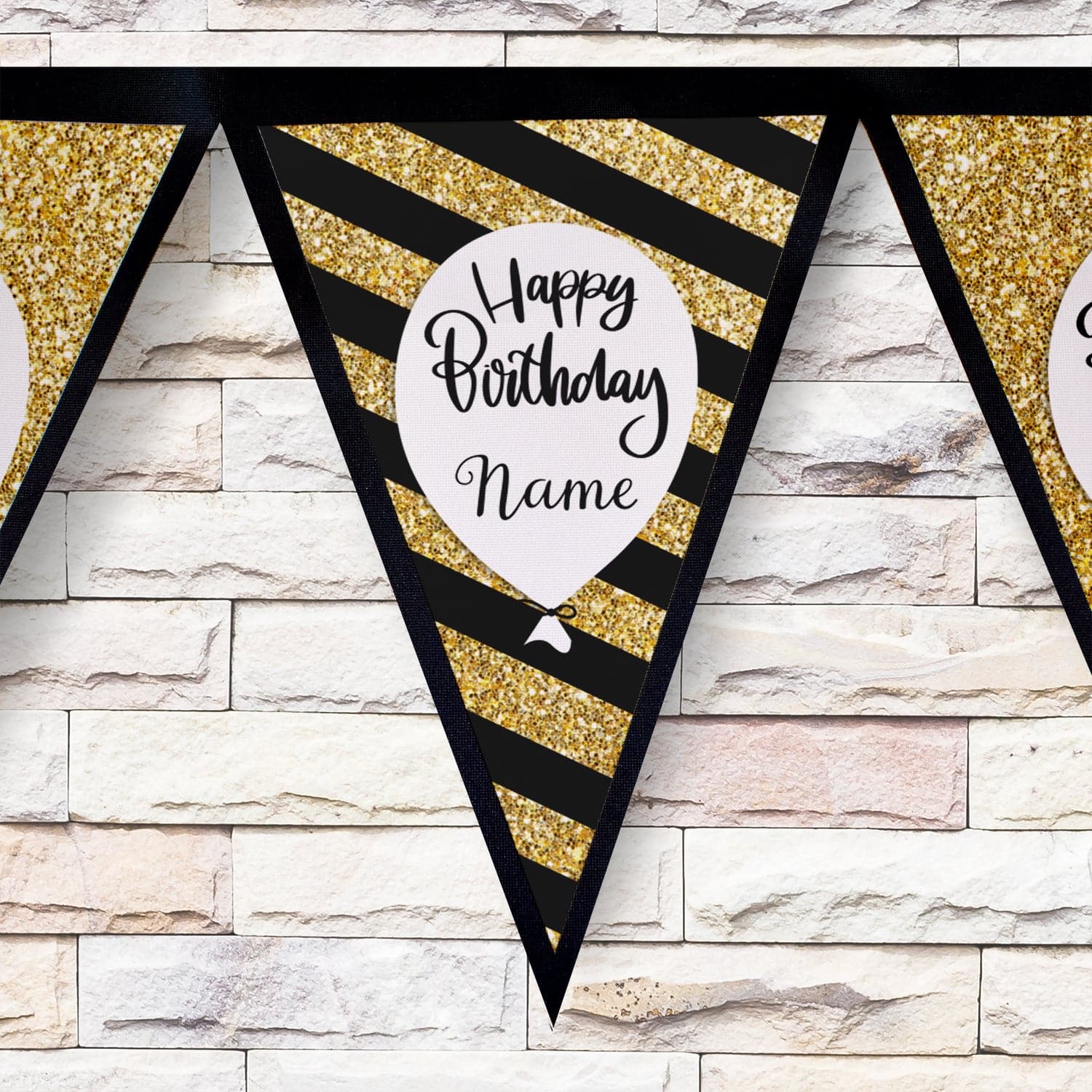 Personalised Birthday Gold Printed Glitter - 3m Fabric Photo Bunting 