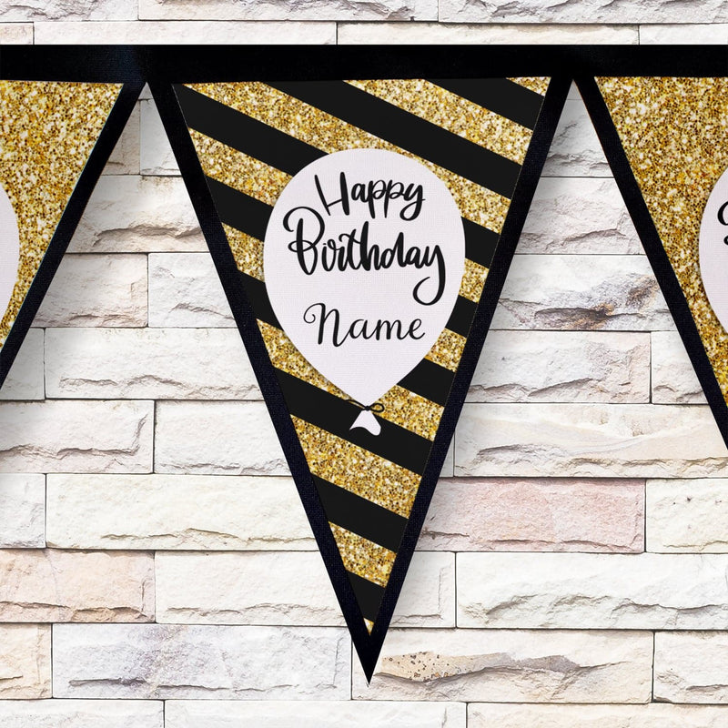 Personalised Birthday Gold Printed Glitter - 3m Fabric Photo Bunting 