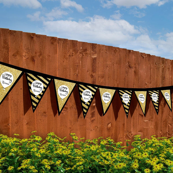 Personalised Birthday Gold Printed Glitter - 3m Fabric Bunting With 15 Individual Triangles