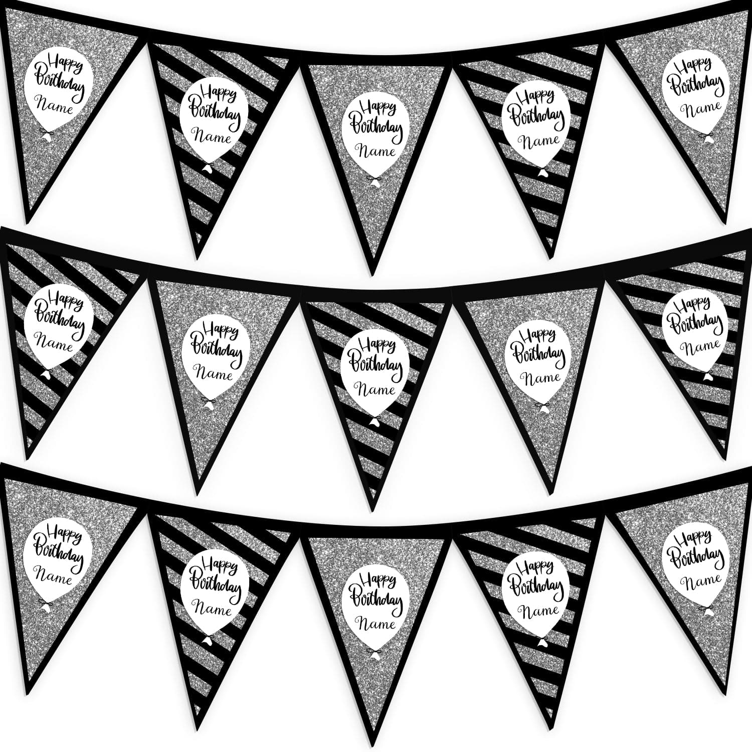 Personalised Birthday Silver Printed Glitter - 3m Fabric Photo Bunting