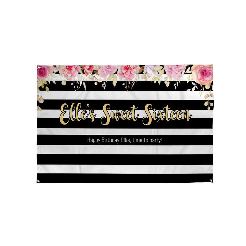 Personalised Text - Floral Stripe Party Backdrop - 5ft x 3ft