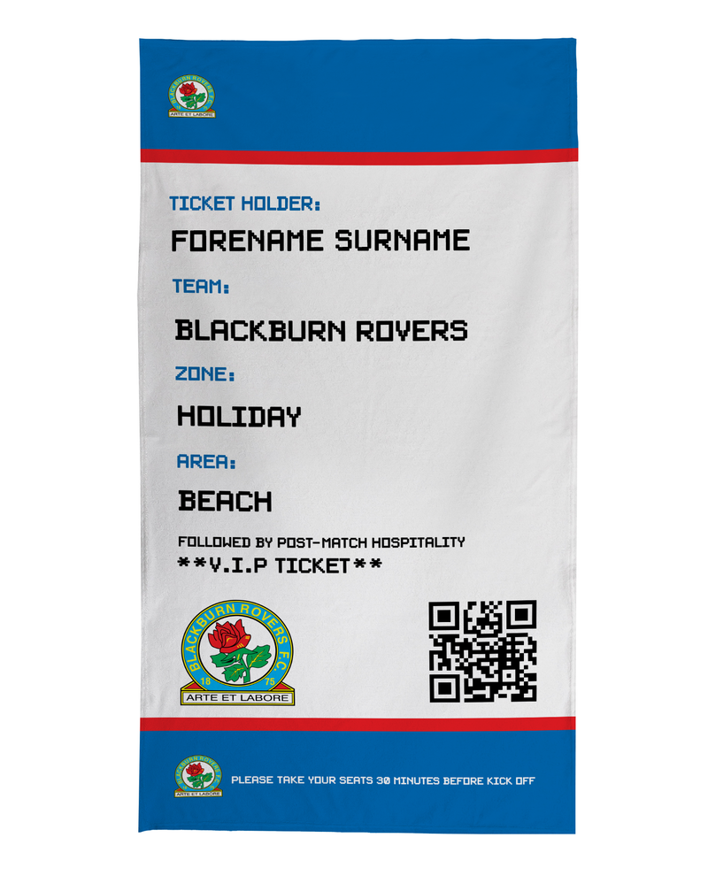 Blackburn Rovers FC - Ticket Personalised Lightweight, Microfibre Beach Towel - 150cm x 75cm - Officially Licenced