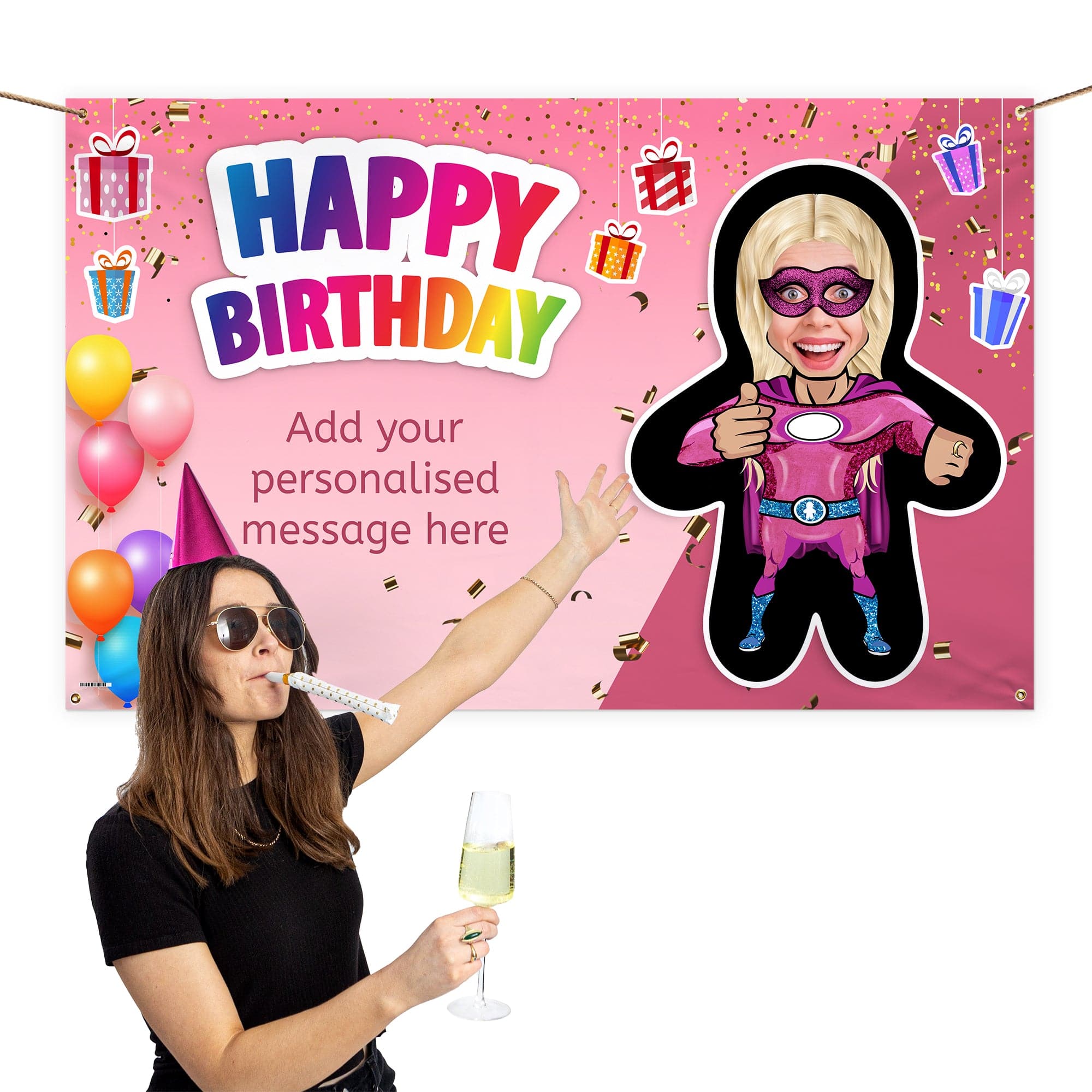 Pink Superhero - Mini Me World - Add Any Text And Your Face - 5FT X 3FT