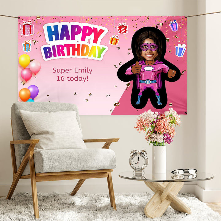Pink Superhero - Mini Me World - Add Any Text And Your Face - 5FT X 3FT