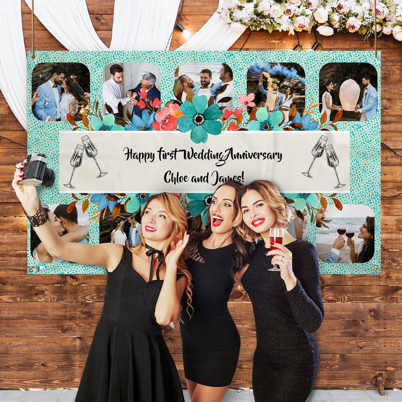 Fabric Any occasion photo banner - Blue dot floral - Edit text - 5FT X 3FT