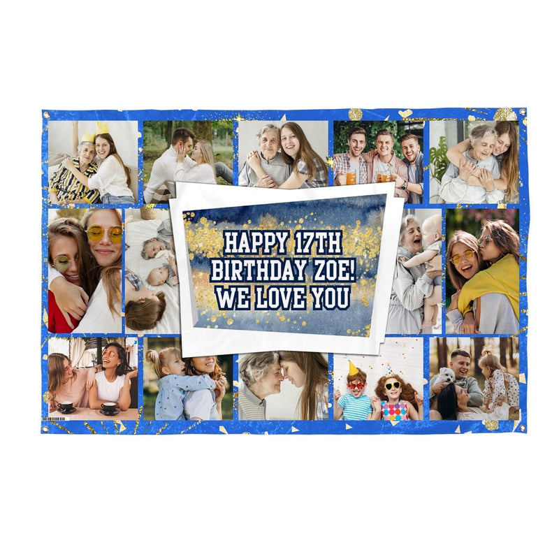 Any Occasion Photo Banner - Blue And Gold Sparkle Firework - Edit Text - 5FT X 3FT