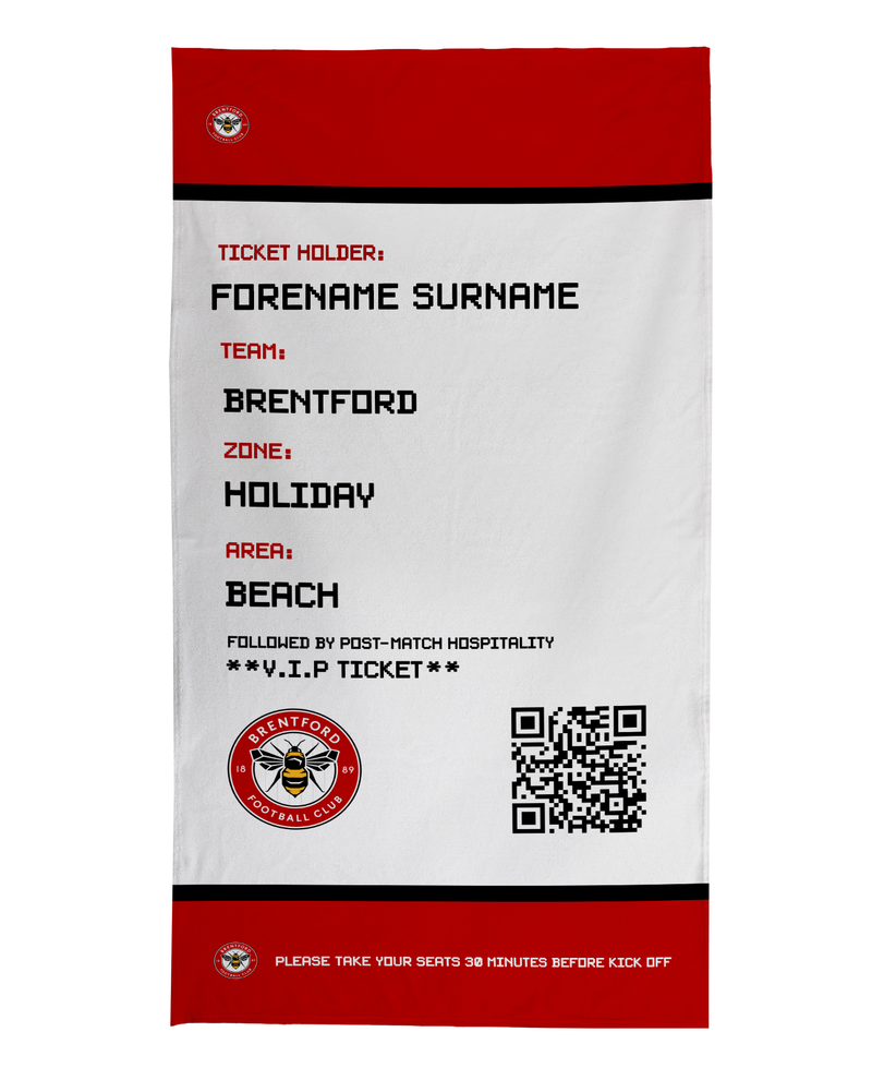Brentford FC - Ticket Personalised Lightweight, Microfibre Beach Towel - 150cm x 75cm - Officially Licenced