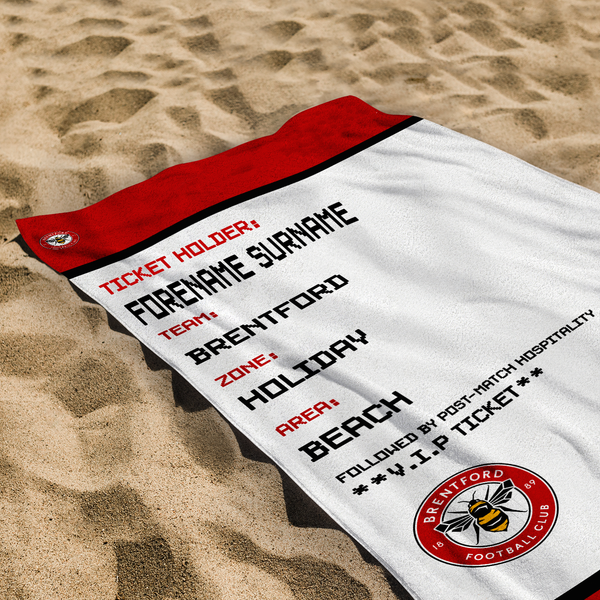 Brentford FC - Ticket Personalised Lightweight, Microfibre Beach Towel - 150cm x 75cm - Officially Licenced