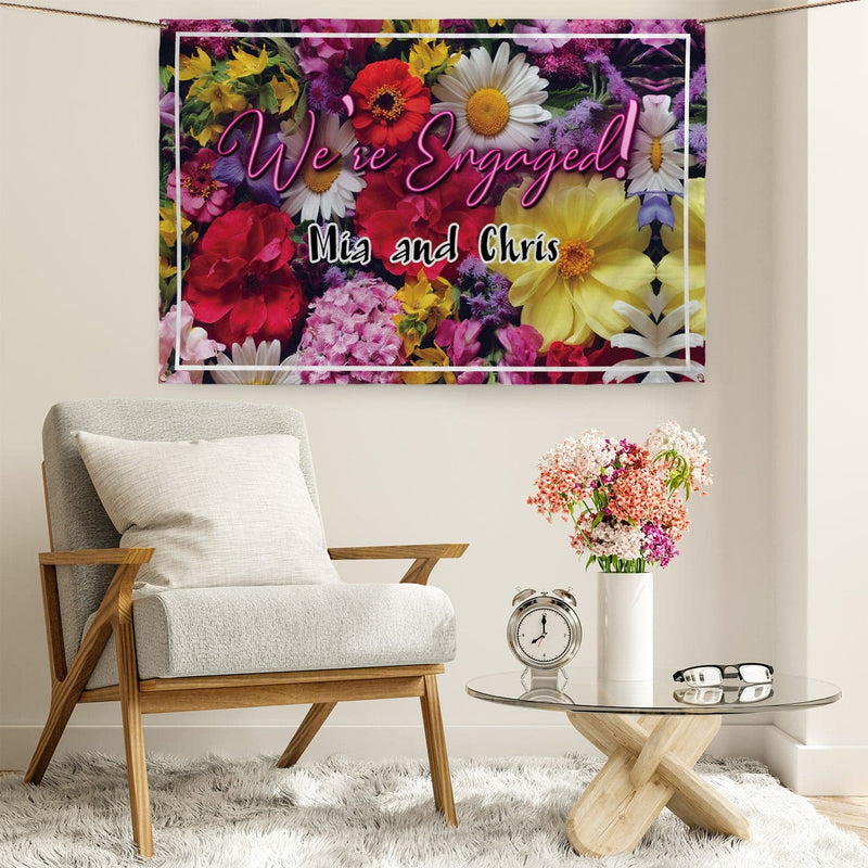 Personalised Text - Engaged Bright Floral Party Backdrop - 5ft x 3ft