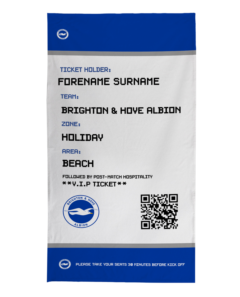 Brighton & Hove Albion FC - Ticket Personalised Lightweight, Microfibre Beach Towel - 150cm x 75cm - Officially Licenced